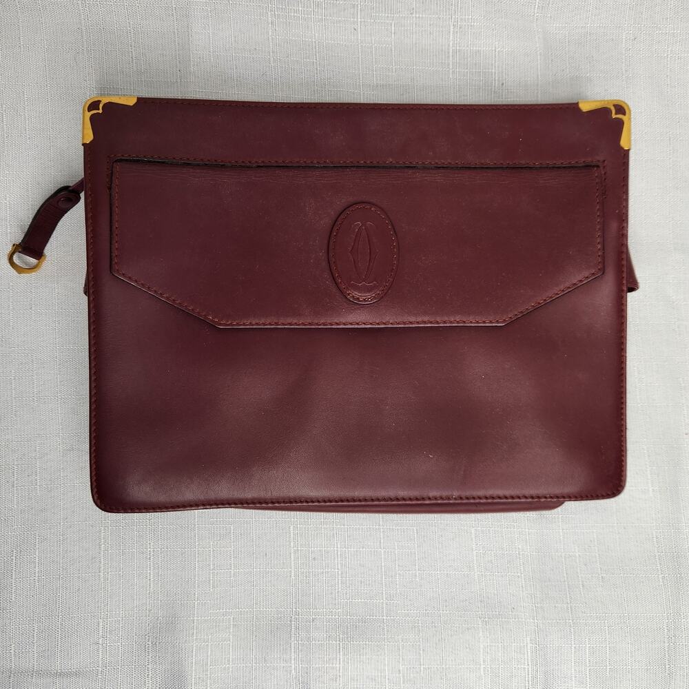 Cartier Womens Burgundy Bordeaux Leather Clutch Bag Lining Peeling